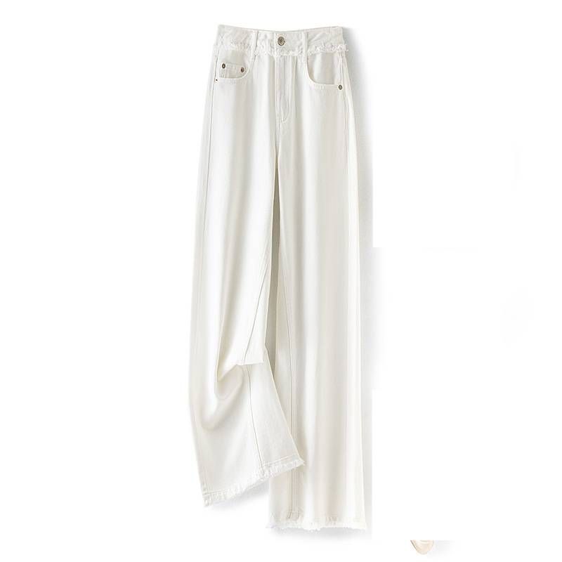 Women's High-Waisted Straight Leg Denim Jeans Style Pure Cotton White Loose Fitting Frayed Hem Trousers_mkmklike.com