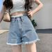 Women's High-Waisted Wide Leg Denim Shorts Casual Thin Style Slimming A-Line Hot Pants Frayed Hem Trendy Petite Versatile_mkmklike.com