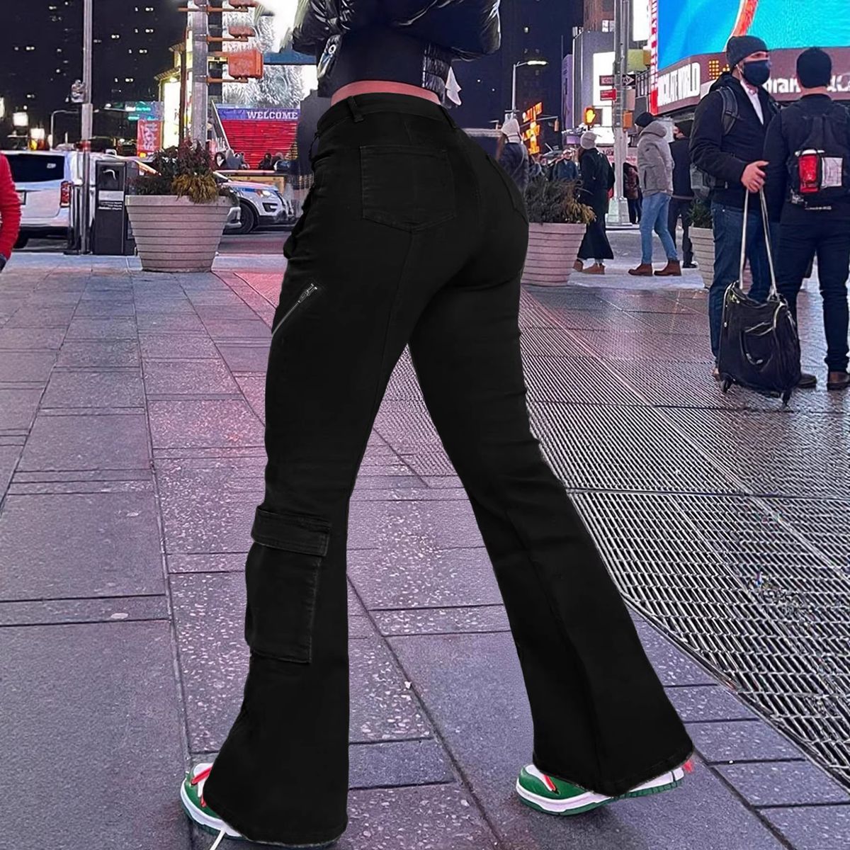 Women's Clothing Slim Fit Flared Cargo Pants New Style High Waist Slimming Casual Pants Versatile Black Floor Length High Elastic Denim Jeans_mkmklike.com