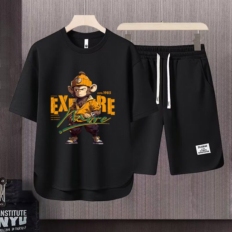Men's Clothing 2024 Waffle Casual Summer Suit Men's Loose Teen Short sleeved T shirt Shorts Handsome Two piece Suit_mkmklike.com