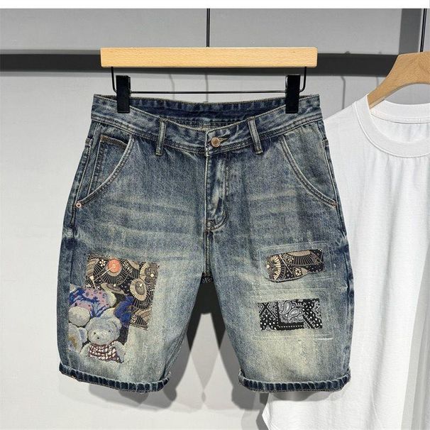 Men's Clothing Patch Embroidered Denim Shorts Handsome High Street Retro Casual Fashion American Summer_mkmklike.com