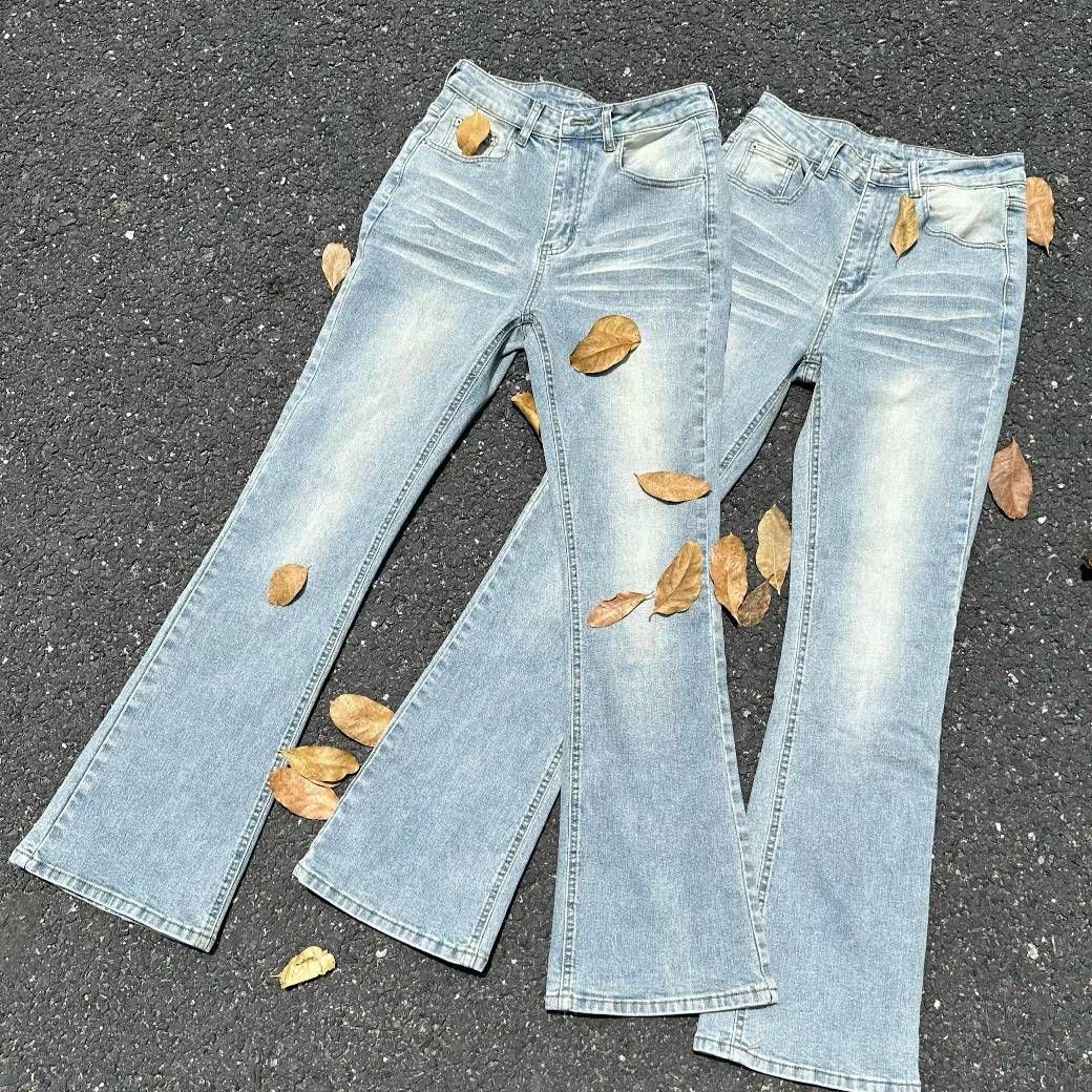 Men's Ice Wash Distressed Flared Jeans – High-Street Vintage Lightning Fade & Raw Hem (Trendy & Streetwear Staple)_mkmklike.com