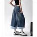 Women's Clothing Women's Distressed Puppy Embroidered Denim Shorts Retro Wide Leg Capri Pants Loose Fit For Spring And Autumn_mkmklike.com