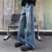 American Retro Lightning Crack Jeans Men's Washed Old Vibe High Street Trendy Brand Casual Wide-leg Straight Pants_mkmklike.com