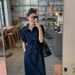 ELLE Early Autumn Denim For Women, New Mid-Length Vintage Dress, Waist-Cinching Loose Casual One-Step Dress_mkmklike.com