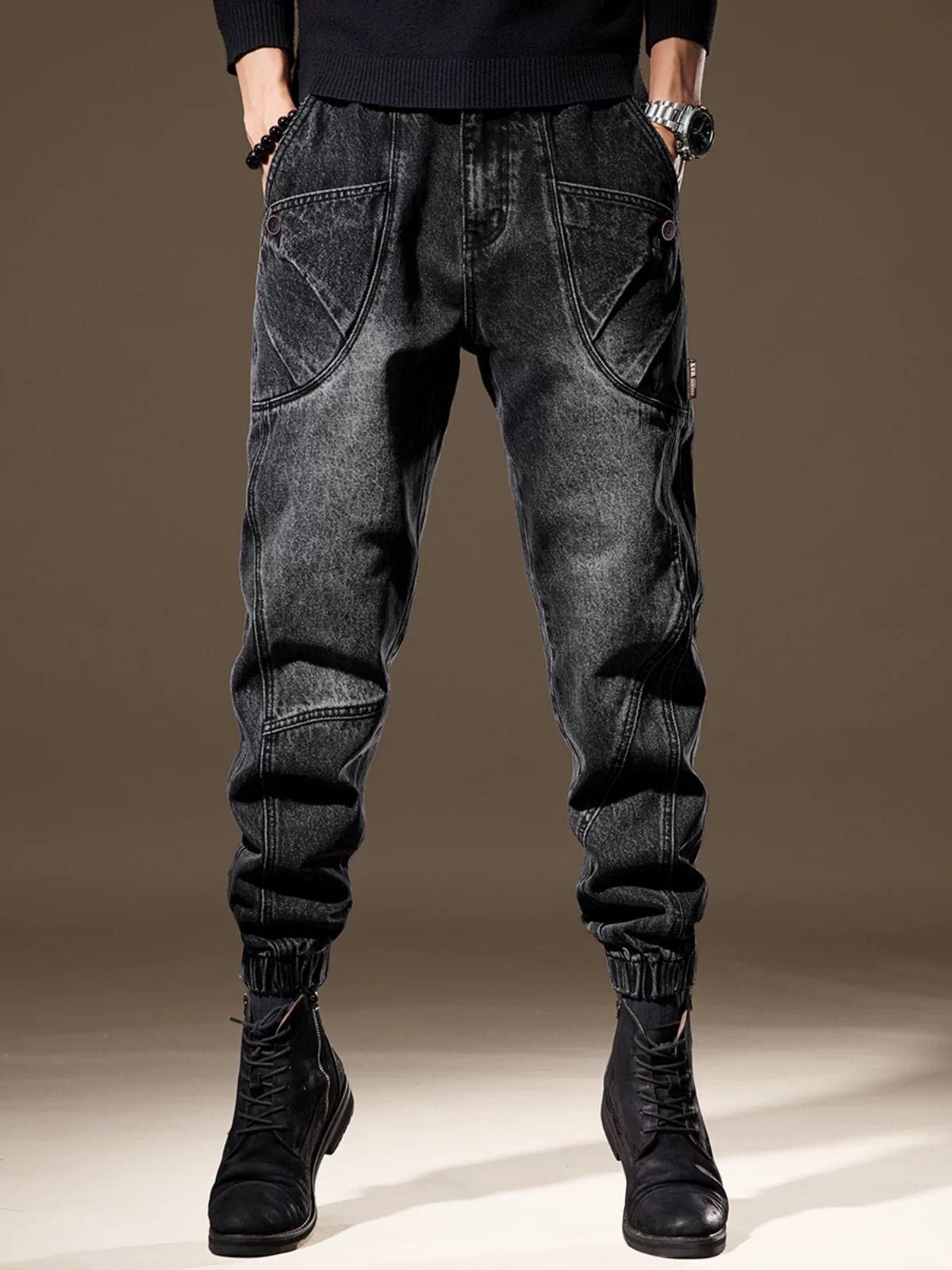 Men’s Korean Streetwear Jeans – Oversized Drop-Crotch With Tapered Cuffs, Urban Baggy Fit & Stretch Comfort_mkmklike.com