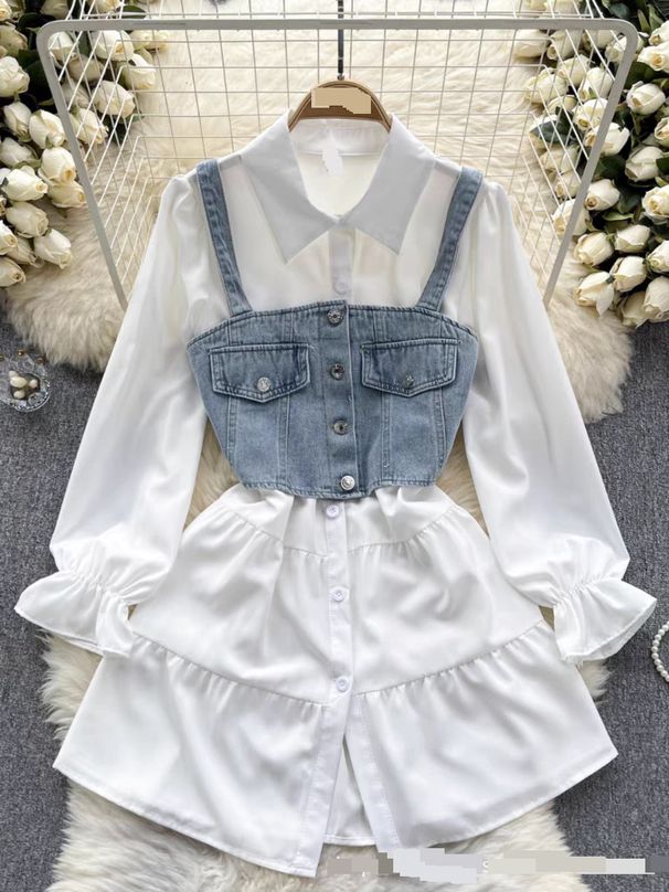 Women's Clothing Two Piece Top Retro Short Denim Vest Fashionable And Versatile Mid Length Shirt Suit_mkmklike.com