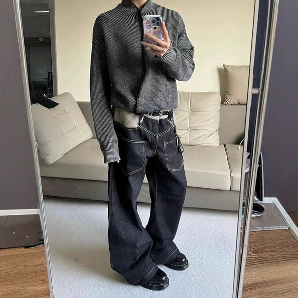 Scarf-Inspired Wool-Blend Jeans – Japanese Arc Silhouette, Relaxed Straight Fit (Black, 4 Sizes) – Retro Casual Pants For Men & Women_mkmklike.com