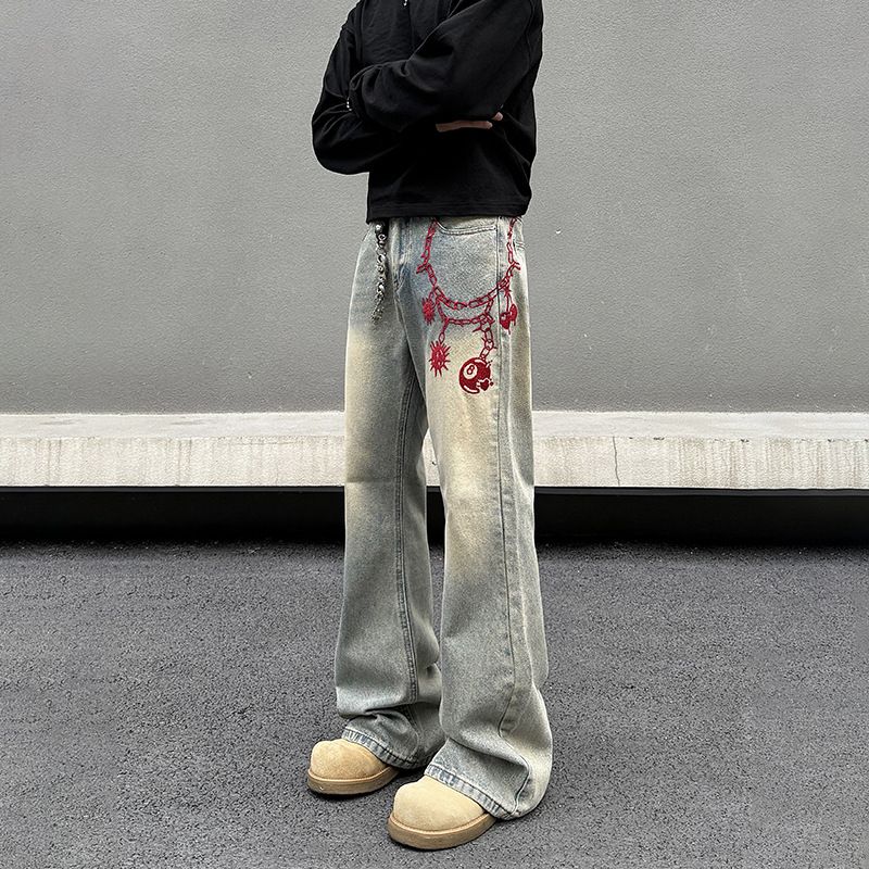Men's Vintage Washed Yellow Mud Flared Jeans - Loose Fit High Street Denim Pants With Embroidery_mkmklike.com