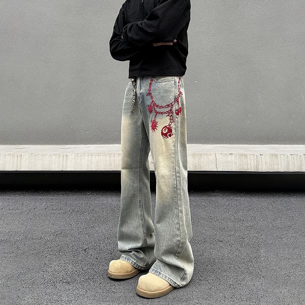 Men's Vintage Washed Yellow Mud Flared Jeans - Loose Fit High Street Denim Pants With Embroidery_mkmklike.com