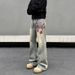 Men's Vintage Washed Yellow Mud Flared Jeans - Loose Fit High Street Denim Pants With Embroidery_mkmklike.com