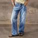 Women's Relaxed Fit Straight Leg Jeans With Vintage Wash, Medium Blue Stretchy Comfort Denim Trousers For Everyday Wear_mkmklike.com