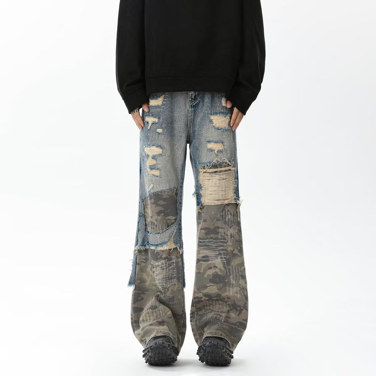 Men's Retro Multi Pocket Jeans Trendy Washed Overalls Loose Straight Casual Wide Leg Pants For Spring Women_mkmklike.com