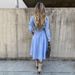 Vintage Waist-Cinching Dress With Belt Long Skirt Single-Button Stand Collar Denim Maxi Gown Full Sleeve Standard Sleeve Length_mkmklike.com