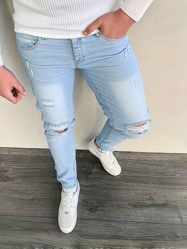 Summer New Men's Slim Fit Ripped Jeans Light Blue Mid Waist Casual Long Pants Cotton Standard Thickness Zipper Fly Slight Stretch_mkmklike.com