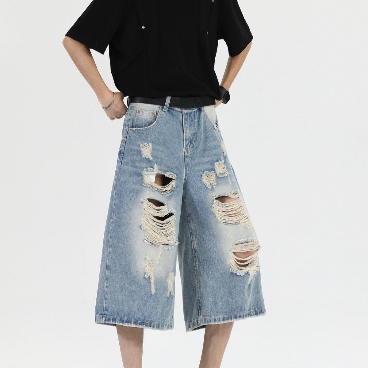 Vintage High Street Distressed Denim Capri Pants - Unisex Relaxed Fit Drop Crotch 7/10 Length Jeans For Summer_mkmklike.com