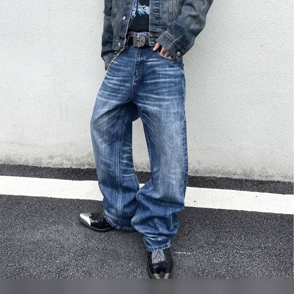 Men's Clothing Men's Retro Hip Hop Wide Leg Jeans Style Street Fashion Loose Long Pants Trendy Drape Washed Denim_mkmklike.com