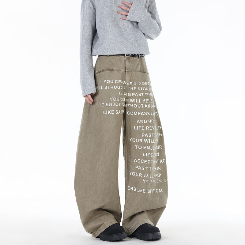 Men's Casual Khaki Jeans With Letter Print – Relaxed Straight Fit, Distressed Hem, Trendy Fall Fashion_mkmklike.com