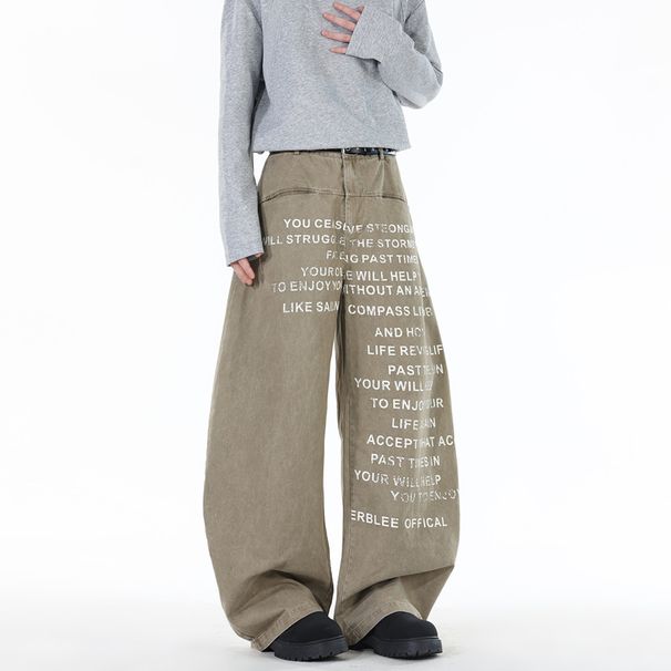 Men's Casual Khaki Jeans With Letter Print – Relaxed Straight Fit, Distressed Hem, Trendy Fall Fashion_mkmklike.com