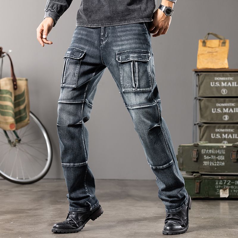 Spring And Autumn Style Patchwork Jeans For Men, Loose Elastic Wide Leg Straight Leg Denim Pants, Outdoor Multi Pocket Sports Pants_mkmklike.com
