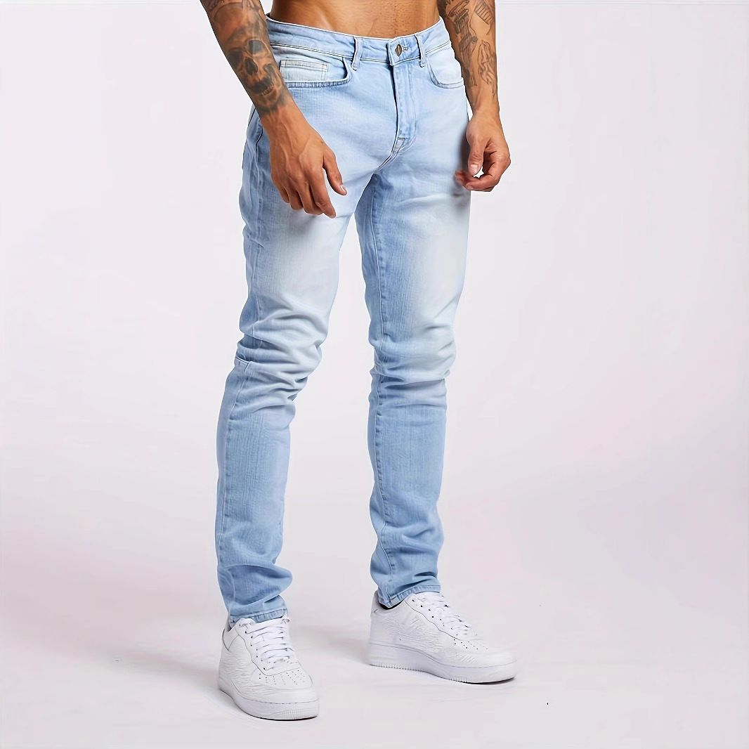 Men's Stretch Skinny Jeans - Classic Light Blue Denim Pants With Distressed Wash For Casual & Streetwear_mkmklike.com