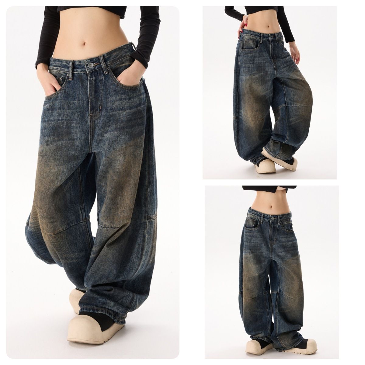 Men's Clothing Black Tie-Dye Wide-Leg Jeans – Vintage Washed & Distressed Denim (Unisex, Oversized, High-Waisted, No-Stretch, Streetwear Essential)_mkmklike.com