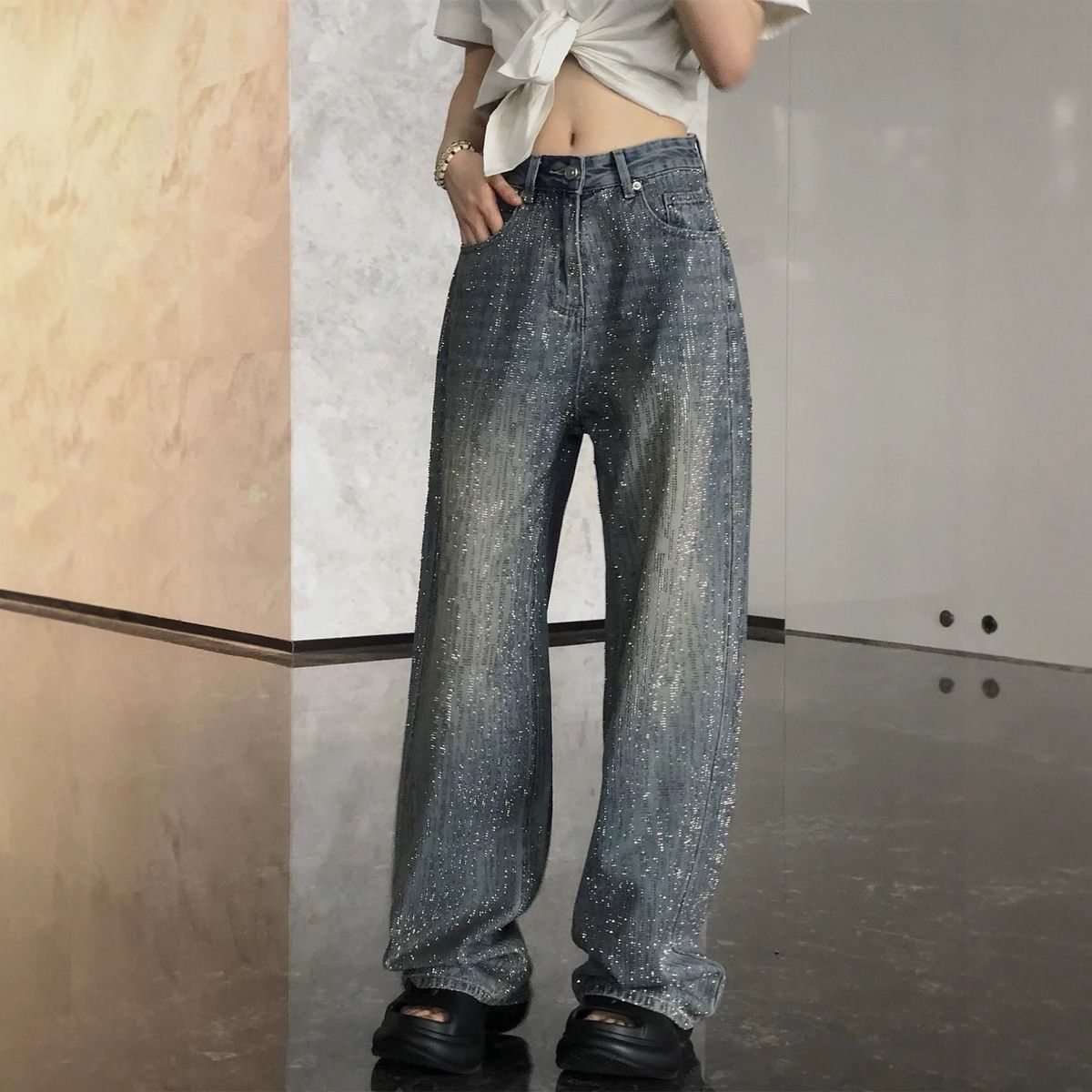 -Inspired Wide Leg Jeans For Women - Glam Rhinestone Embellished High Waist Flared Denim Pants With Vintage Wash_mkmklike.com