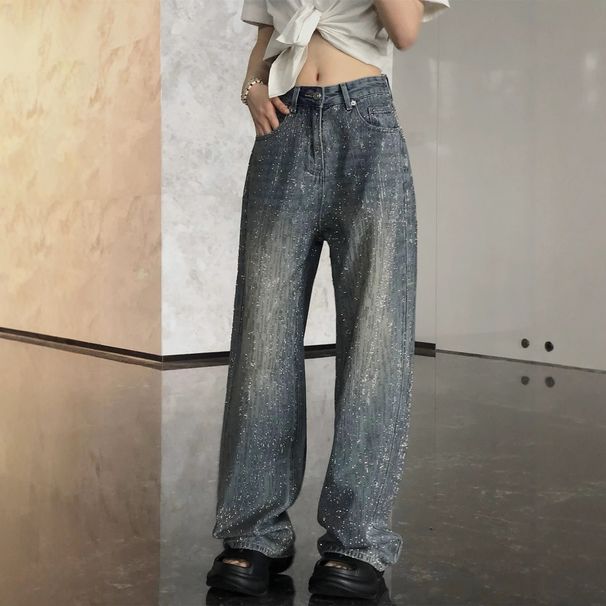 -Inspired Wide Leg Jeans For Women - Glam Rhinestone Embellished High Waist Flared Denim Pants With Vintage Wash_mkmklike.com