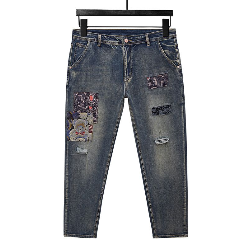 New High-quality Large-size Jeans Men's Elastic Ripped Patch Embroidered Pants Men's Retro Heavy Industry Jeans Men_mkmklike.com