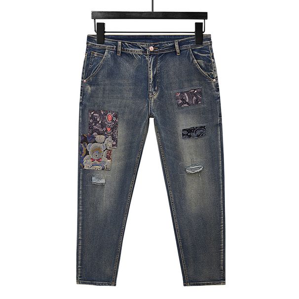 New High-quality Large-size Jeans Men's Elastic Ripped Patch Embroidered Pants Men's Retro Heavy Industry Jeans Men_mkmklike.com