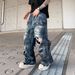 Nordmann European And American High Vibe Retro Distressed Design Jeans For Men Loose Straight Cool Street Style Wide Leg Pants_mkmklike.com