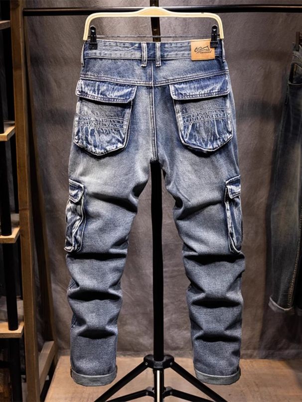 Men's Clothing New Spring Style Durable High Quality Multi Pocket Jeans For Men, Loose Fit, Straight Leg, Trendy Cargo Style, Multi Pocket Long Pants_mkmklike.com