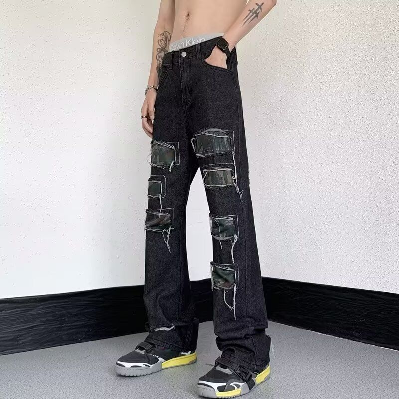 Unisex Distressed Splash Paint Flared Jeans Loose Fit Hip Hop Denim Pants Patchwork Design_mkmklike.com