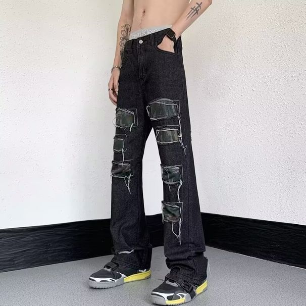 Unisex Distressed Splash Paint Flared Jeans Loose Fit Hip Hop Denim Pants Patchwork Design_mkmklike.com