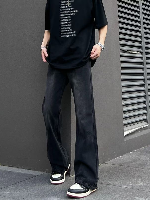 Men's Retro Black Loose Fit Jeans – High Street Style, Slightly Flared Wide Leg, Comfortable Straight Cut Trousers_mkmklike.com