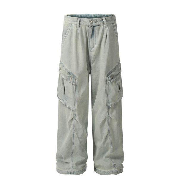 Heavy Craftsmanship Vintage Washed Denim Cargo Trendy Brand High Street Men's Design Sense Wrinkled Loose Wide-Leg Pants_mkmklike.com