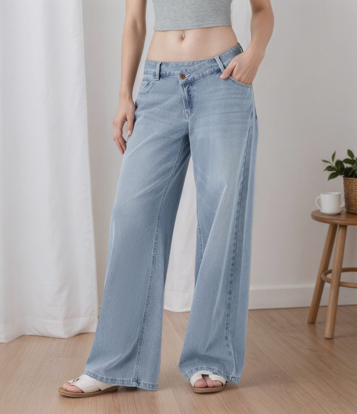 Women's Casual Trendy Straight Leg Jeans Button Detail Loose Fit Solid Color Commuter Versatile Pants Fashion_mkmklike.com