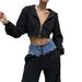 Women's Clothing Zipper hooded sweater pants suit denim stitching two-piece trousers_mkmklike.com