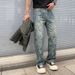 Men's Trendy Washed Straight Leg Jeans Unique Jacquard Pattern High Street Style Loose Fit American Retro Cool Versatile_mkmklike.com