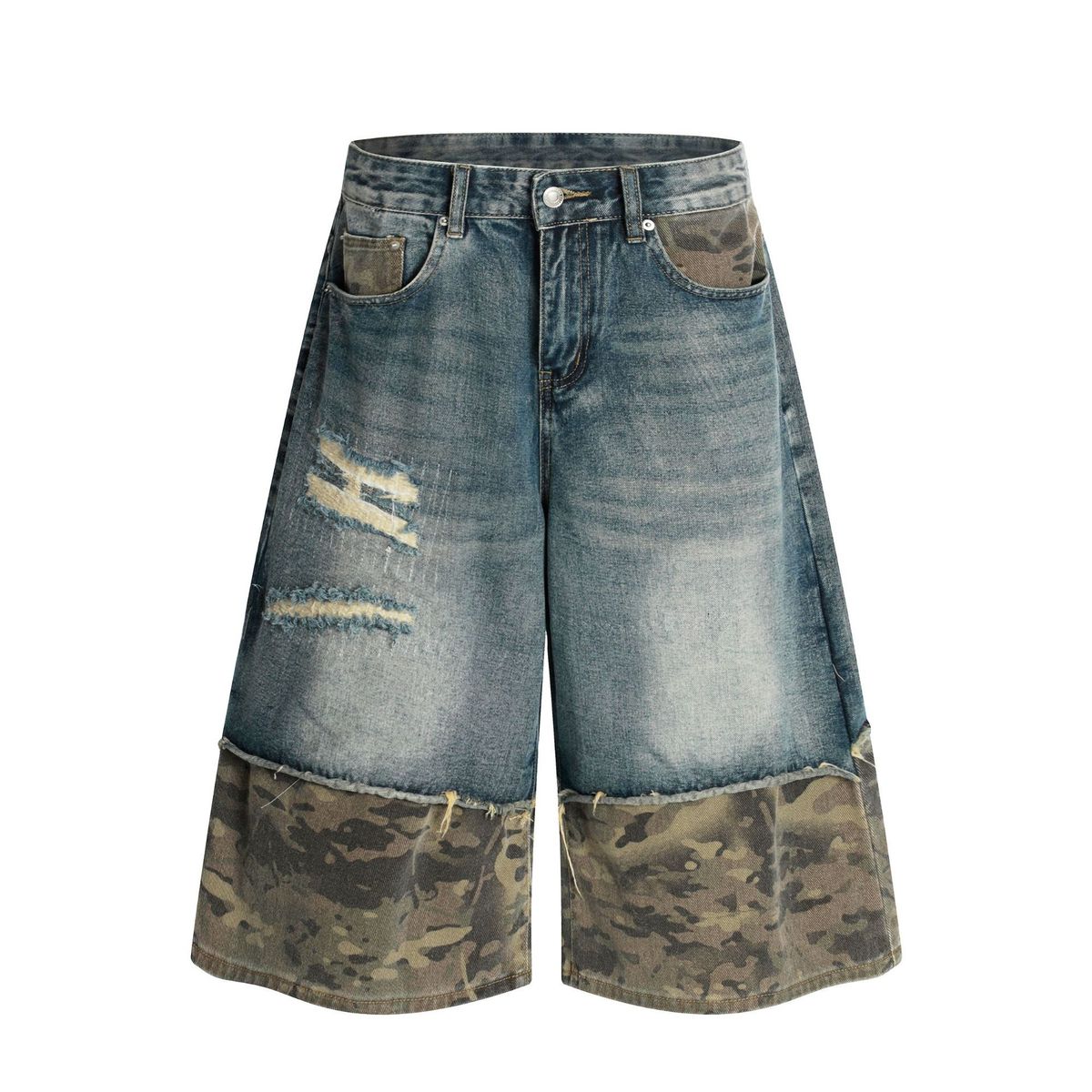 Men's Clothing Washed Advanced Stitching Camouflage Design Men's Loose Straight Leg Seven Point Jeans_mkmklike.com