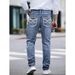 Men's Slim Fit Stretch Denim Jeans - Classic Blue Washed Straight Leg Pants With Embroidery Detail (S-2XL, Blue/Light Blue)_mkmklike.com