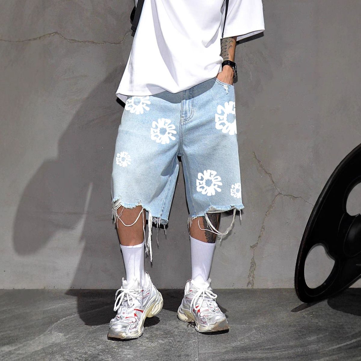 Men's Superstar Cotton Flower Print Denim Shorts - 5-Inch Distressed Fringe Streetwear Shorts_mkmklike.com