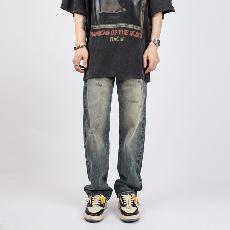 Vintage Washed Denim Jeans – High Street Distressed Straight Fit (S-XXL) – Retro Mud Wash & Ripped Details – Unisex Streetwear_mkmklike.com