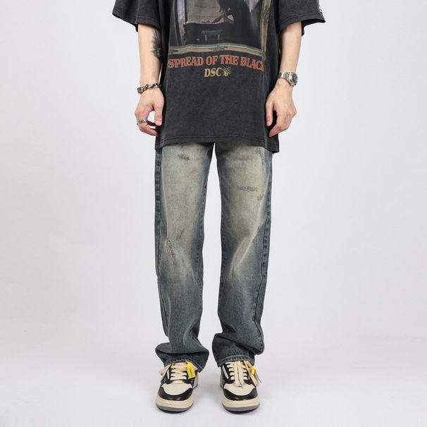 Vintage Washed Denim Jeans – High Street Distressed Straight Fit (S-XXL) – Retro Mud Wash & Ripped Details – Unisex Streetwear_mkmklike.com