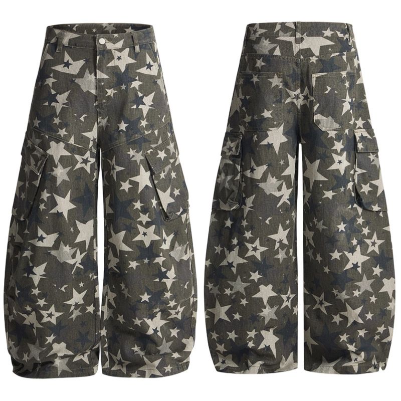 XXBRO Men's Star-Print Camo Denim Pants – High Street Wide-Leg Jeans With Unique Curve Hem Design (XS-2XL, 100% Cotton)_mkmklike.com