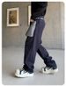 Men's Relaxed Fit Straight Leg Denim Jeans - Vintage Washed Blue With Patchwork Design, Korean Style Casual Trousers_mkmklike.com