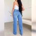 Women's Clothing New Style Ripped Denim Trousers High Waisted Loose Straight Leg Drapey Wide Leg Floor Length Trousers_mkmklike.com