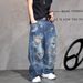 Men's Clothing Vibe Niche Trend Brand Handsome Big Hole Beggar Jeans Men Cityboy Wasteland Dirty Wash Wide Leg Long Pants_mkmklike.com