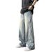 Retro Light Blue Men's Jeans High Street Hip Hop Stacked Design Straight Leg Loose Fit_mkmklike.com
