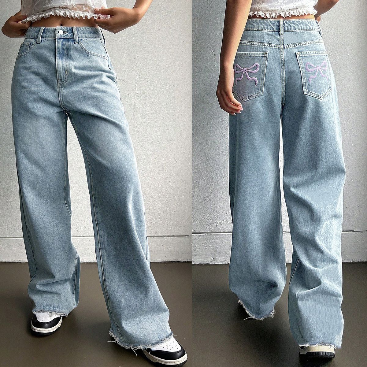 Women's Embroidered Bow Pocket Straight Leg Jeans - Comfortable Loose Fit Casual Denim Pants For Everyday Wear_mkmklike.com